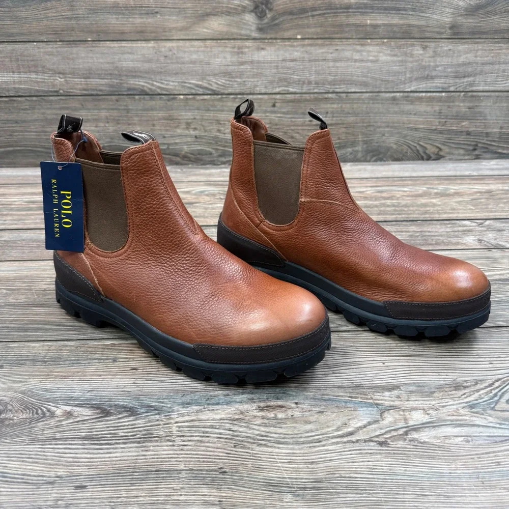 Polo Ralph Lauren Mens Size 13 Oslo Chelsea Boots Brown Leather Lug Sole New - Picture 3 of 8